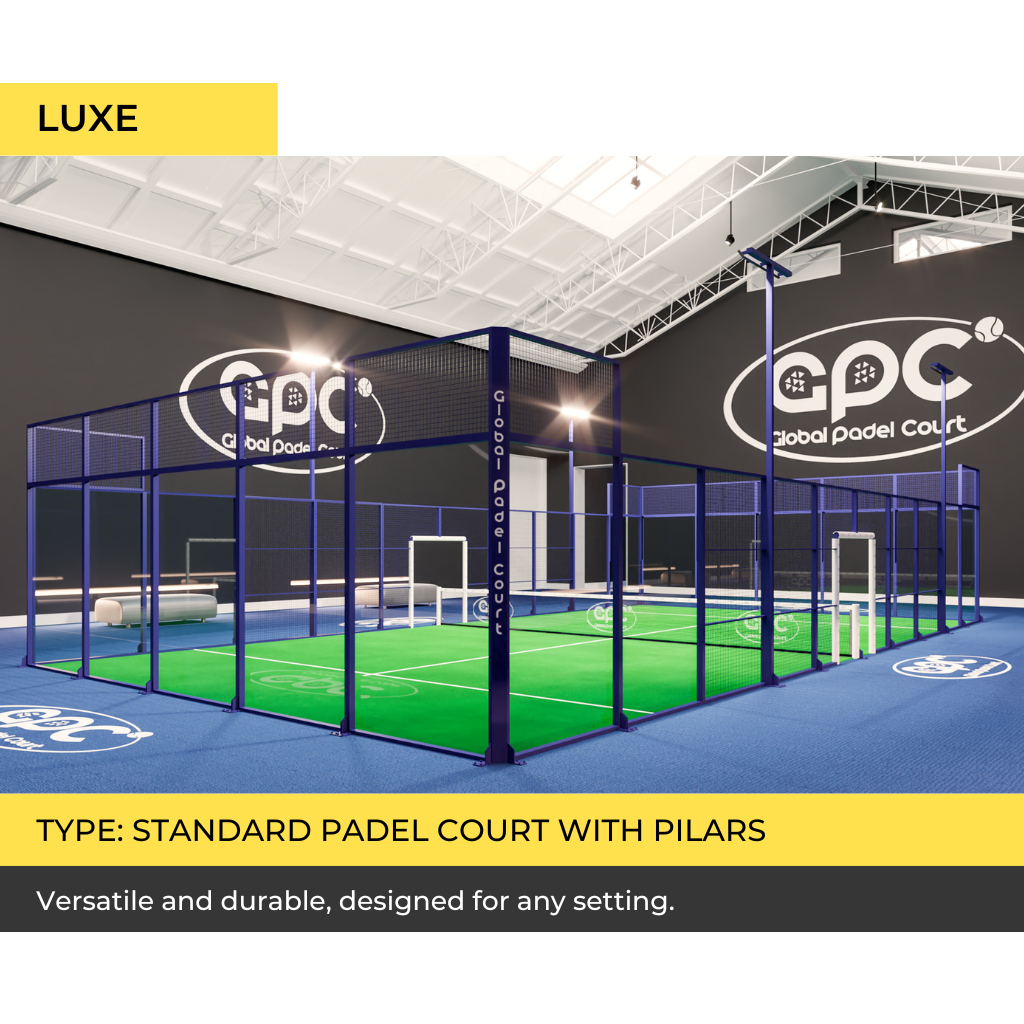 Luxe standard padel court designed with pillars and customizable features.