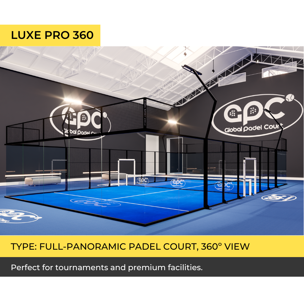 Luxe Pro 360 full-panoramic padel court with 360º view, no corner pillars.