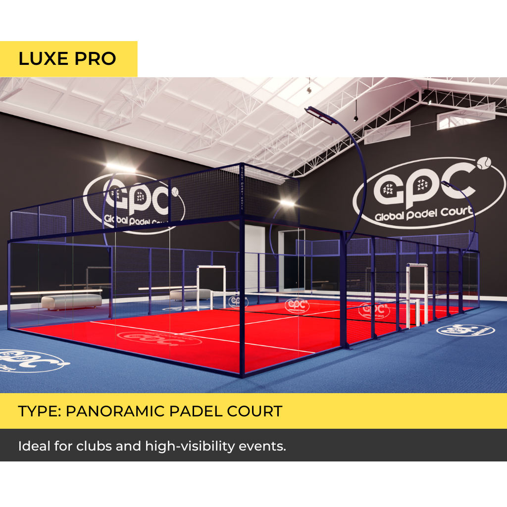 Luxe Pro padel court with panoramic glass walls for enhanced spectator visibility.